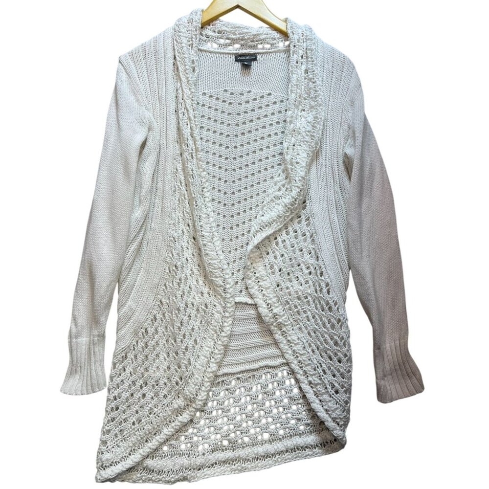 Eddie Bauer Women's Crochet Open-Front Cardigan Sweater Knit Sz PL White Stretch